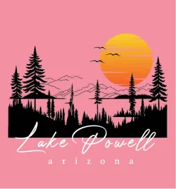 Sunset landscape with trees and text Lake Powell Arizona