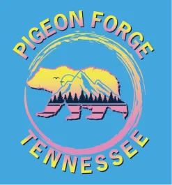 Colorful mountain and lake scene with text Pigeon Forge Tennessee