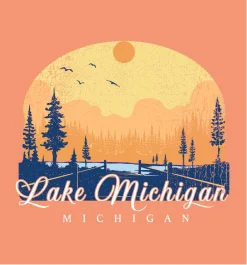 Sunset lake scene with birds and text Lake Michigan Michigan